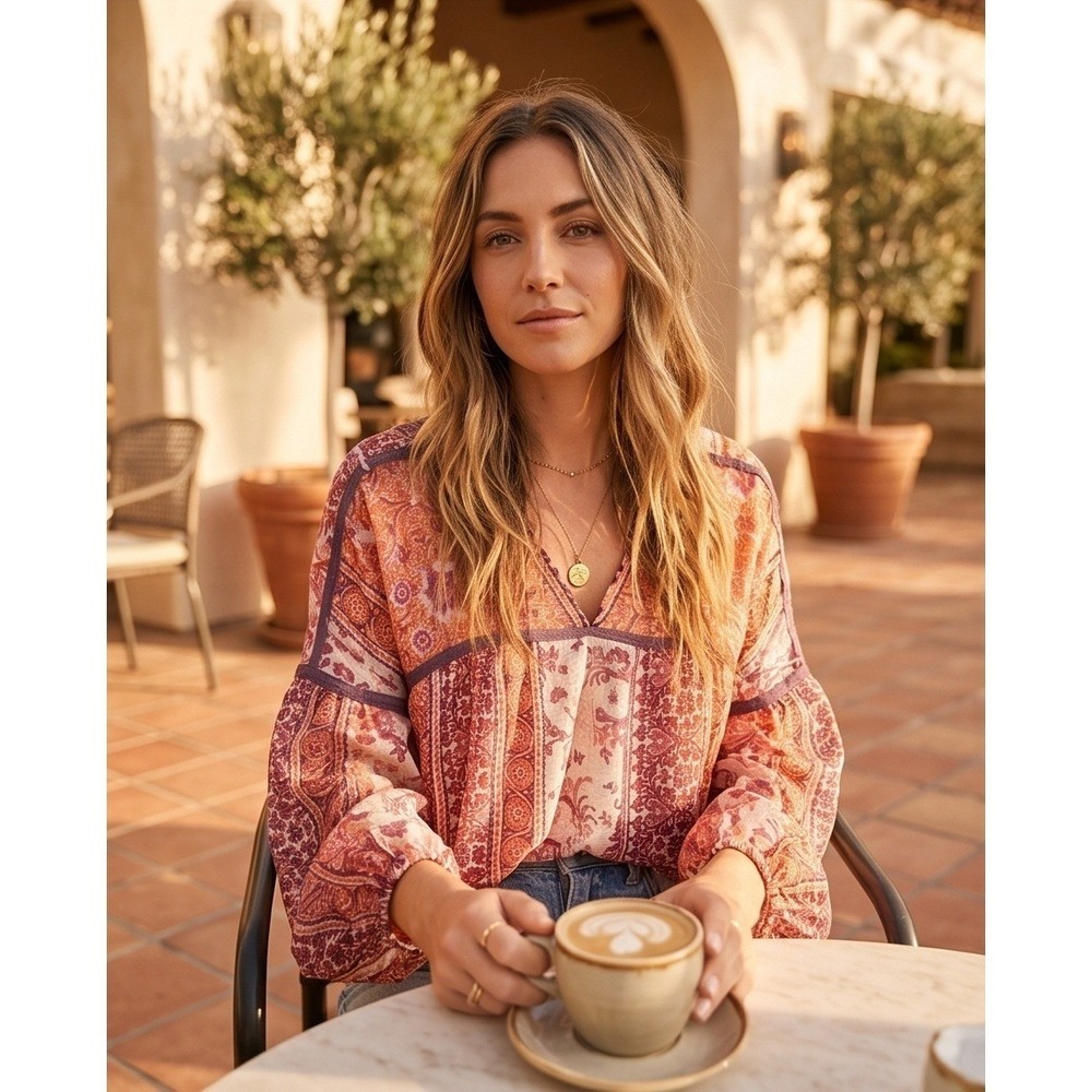 Maeve Anthropologie S Silk Paisley Metallic Stripe Blouse Orange Purple Small‎ - Picture 2 of 15